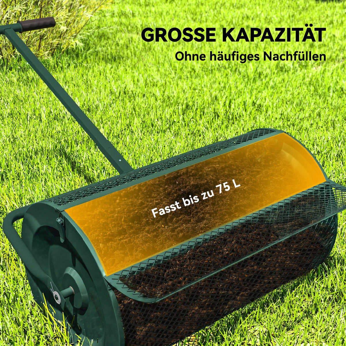Kompoststreuer 75L 61x40cm Düngerstreuer Rasen Garten mit T-Griff Mesh-Korb Metall Grün