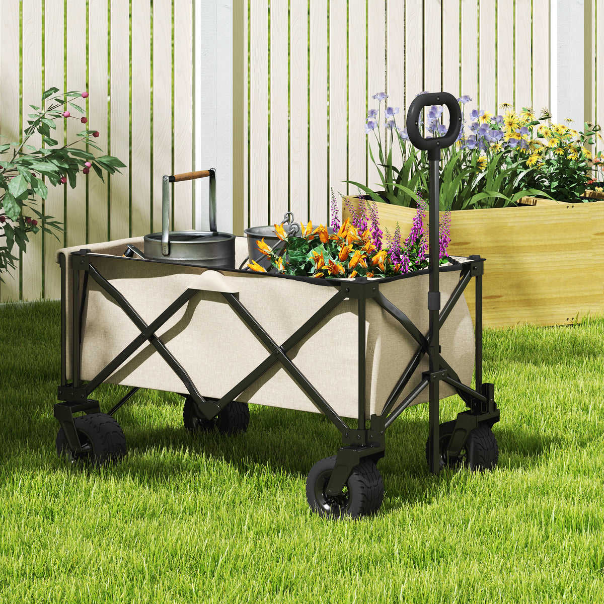 Gartenwagen 100 kg belastbar, klappbar Transportwagen mit herausnehmbare Plane, 90 x 48 x 92 cm Beige