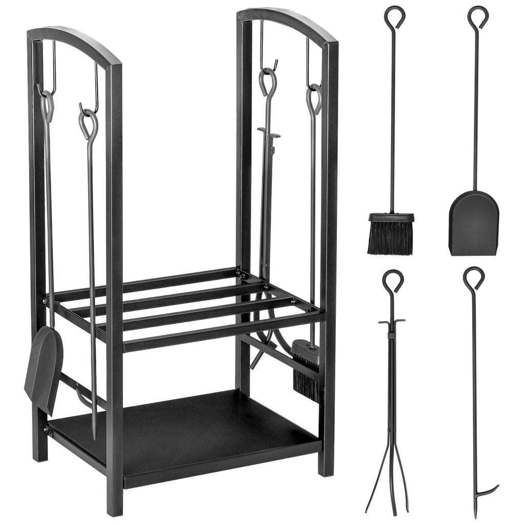 Kaminholzständer, Brennholzregal, 2 Etagen, Kaminbesteck, bis 100 kg, Stahl, Schwarz, 40 x 30 x 74,5 cm