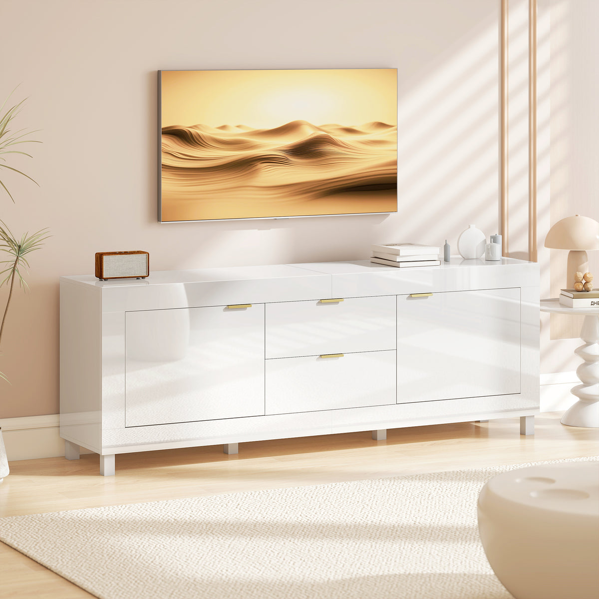TV-Schrank für Fernseher bis zu 75 Zoll, modernes Entertainment-Center mit 2 Schränken und 2 Schubladen, Hochglanz Weiß