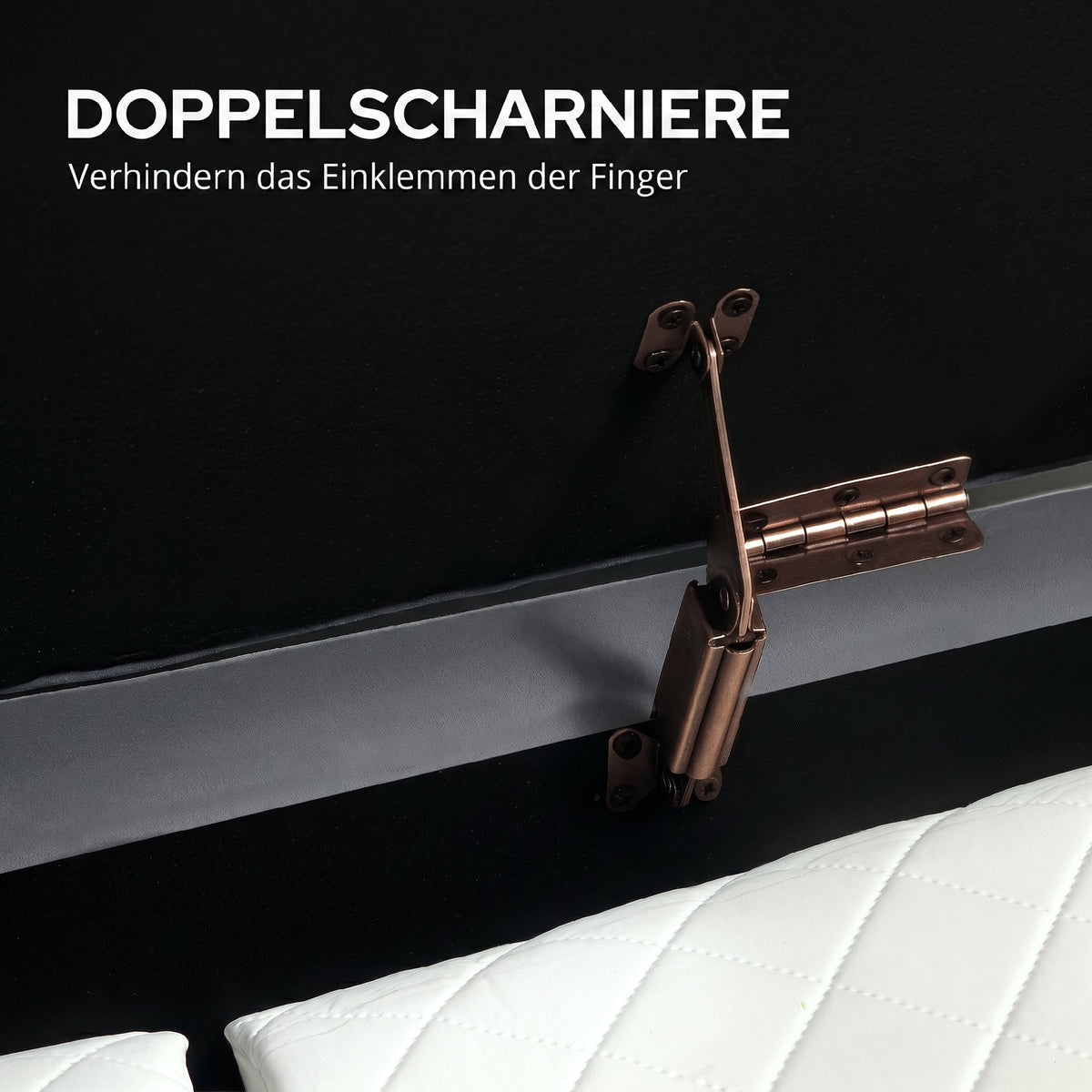 Sitzbank mit Klappdeckel und Stauraum, Stoffbezug, Holz, Metall, Grau+Goldfarben