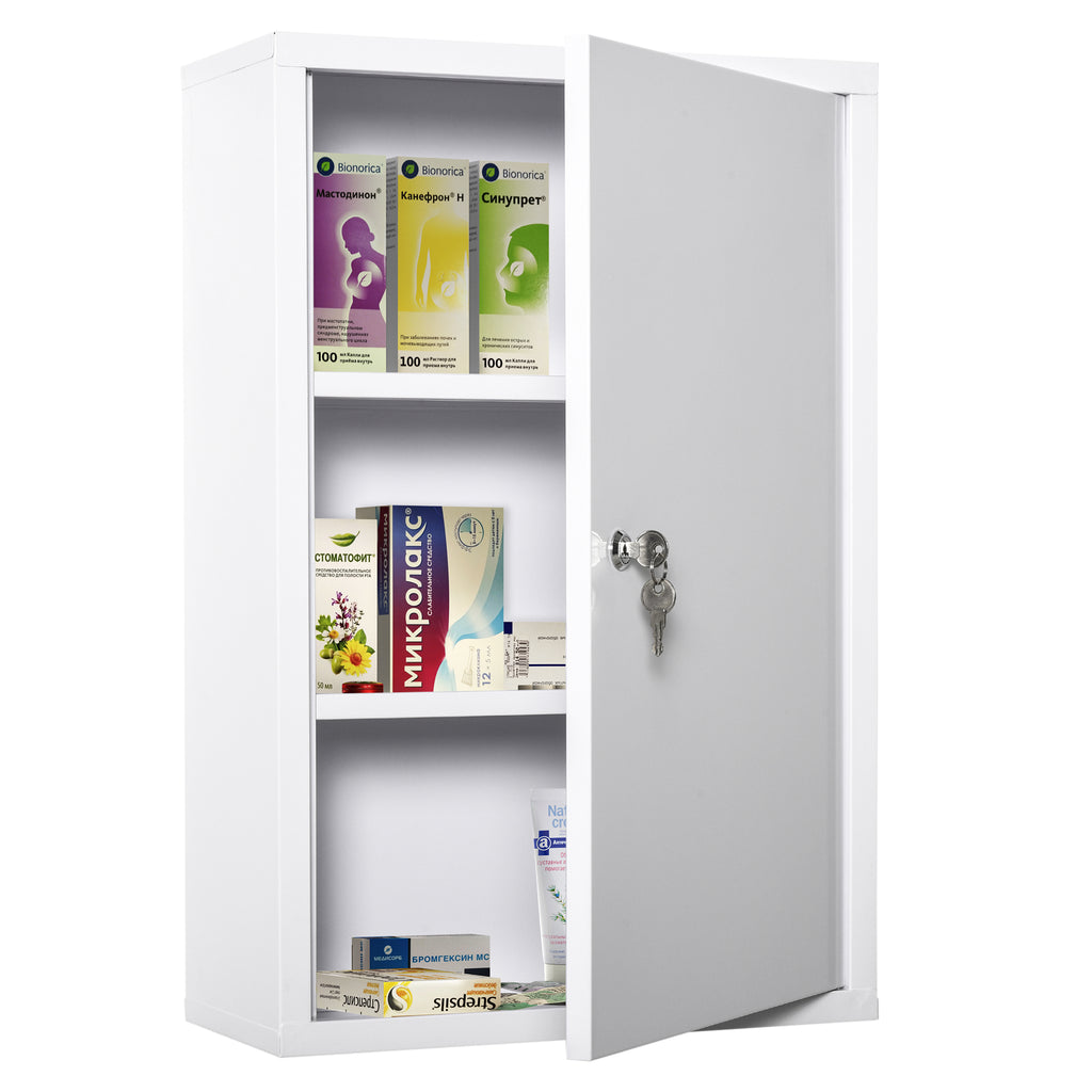  Medizinschrank Arzneischrank zur Medikamenten-Aufbewahrung, Abschließbar Medikamentenschrank Metall mit 3 Fächern Erste-Hilfe-Schrank, 40 x 18 x 60 cm, Weiß