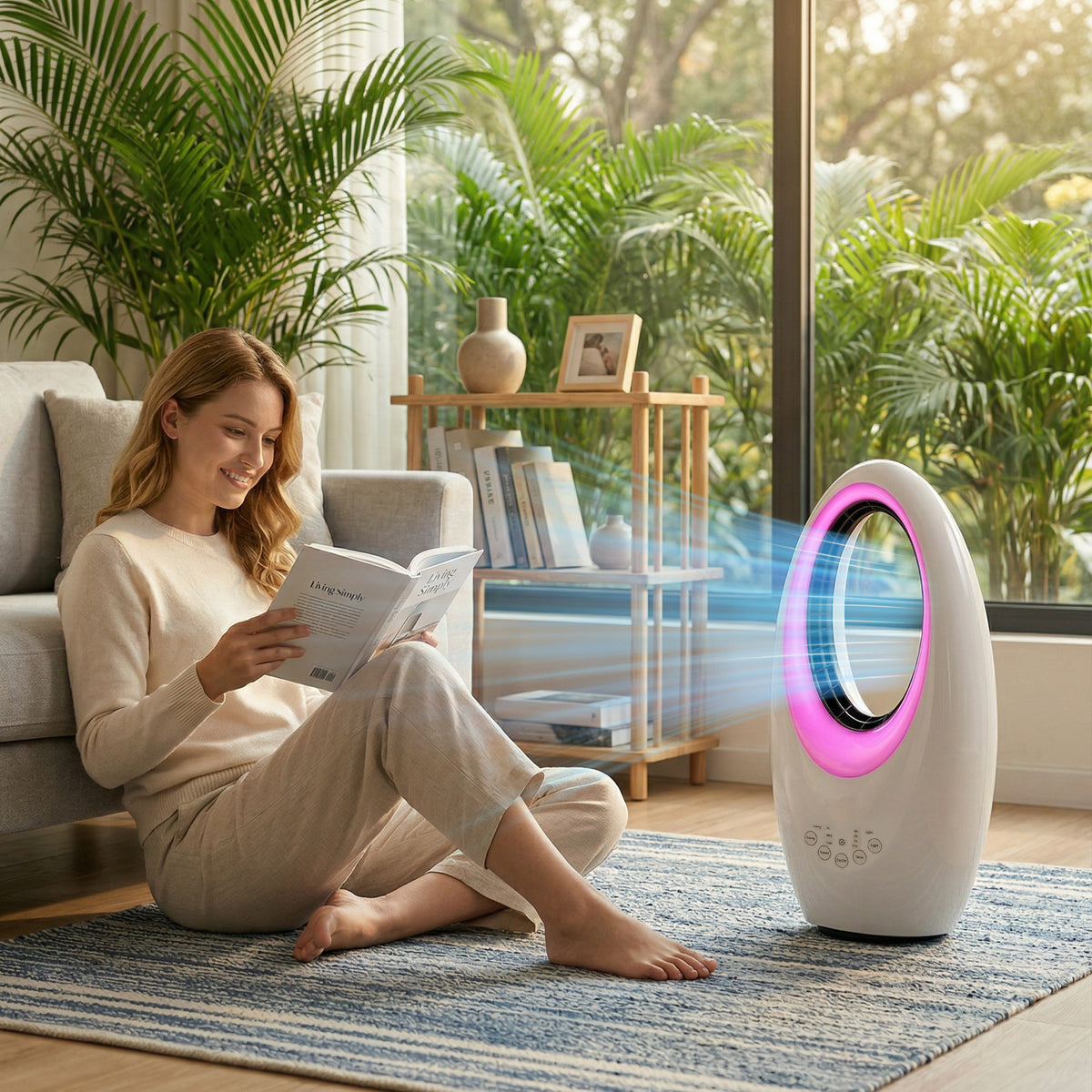 Turmventilator ohne Rotorblätter leiser Ventilator mit 60° Oszillation, LED-Beleuchtung, 3 Geschwindigkeiten, 7,5H-Timer