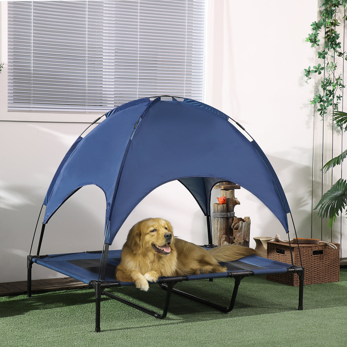Outdoor-Hundeschlafplatz Wetterfestes Hundebett, mit Baldachin, klappbar, 122 x 92 x 108 cm, Blau + Schwarz