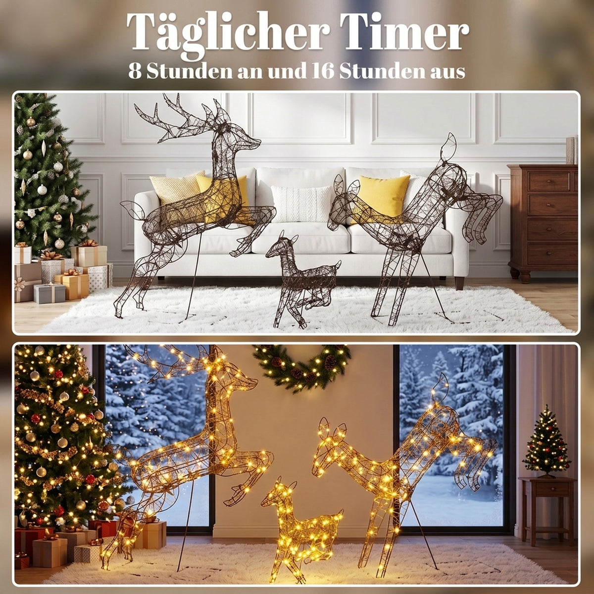 3-teiliges beleuchtetes Rentier-Set, Weihnachtsdeko für außen mit 200 warmweißen LEDs, 8 Modi, Tages-Timer