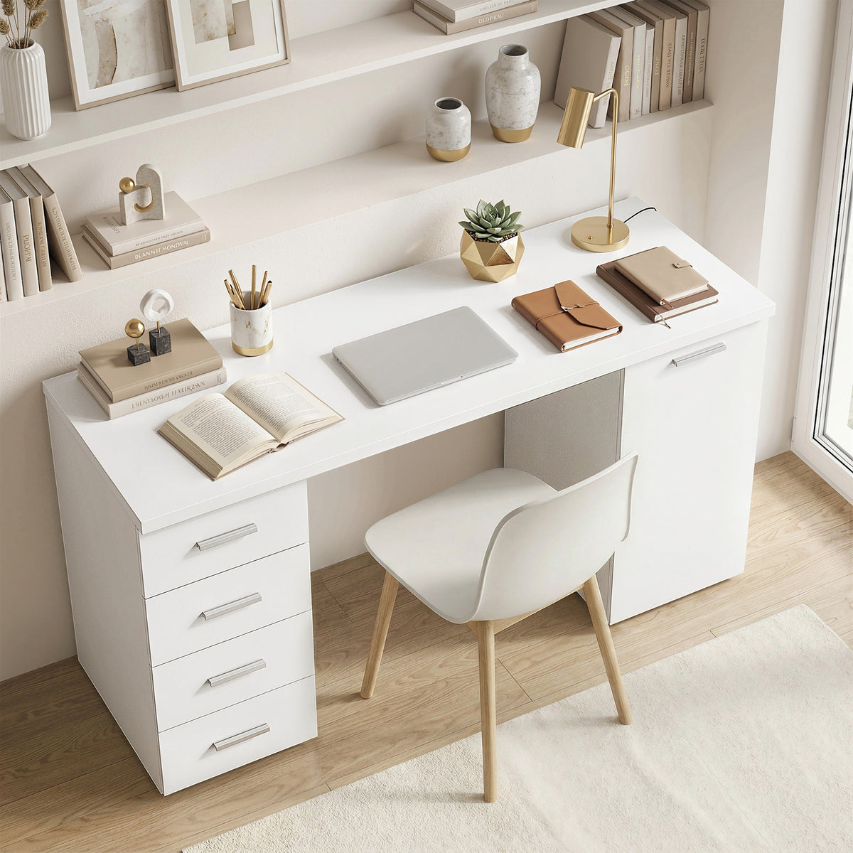 Computertisch mit 4 Schubladen und Schrank, 140 cm Schreibtisch für Arbeitszimmer, Weiß Holzoptik
