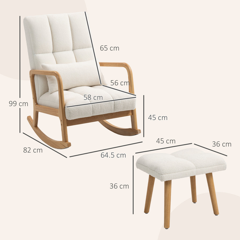 Schaukelstuhl mit Fußhocker, Fleece-Bezug, Hohe Rückenlehne, Holzbeine, Fußpads, Weiß