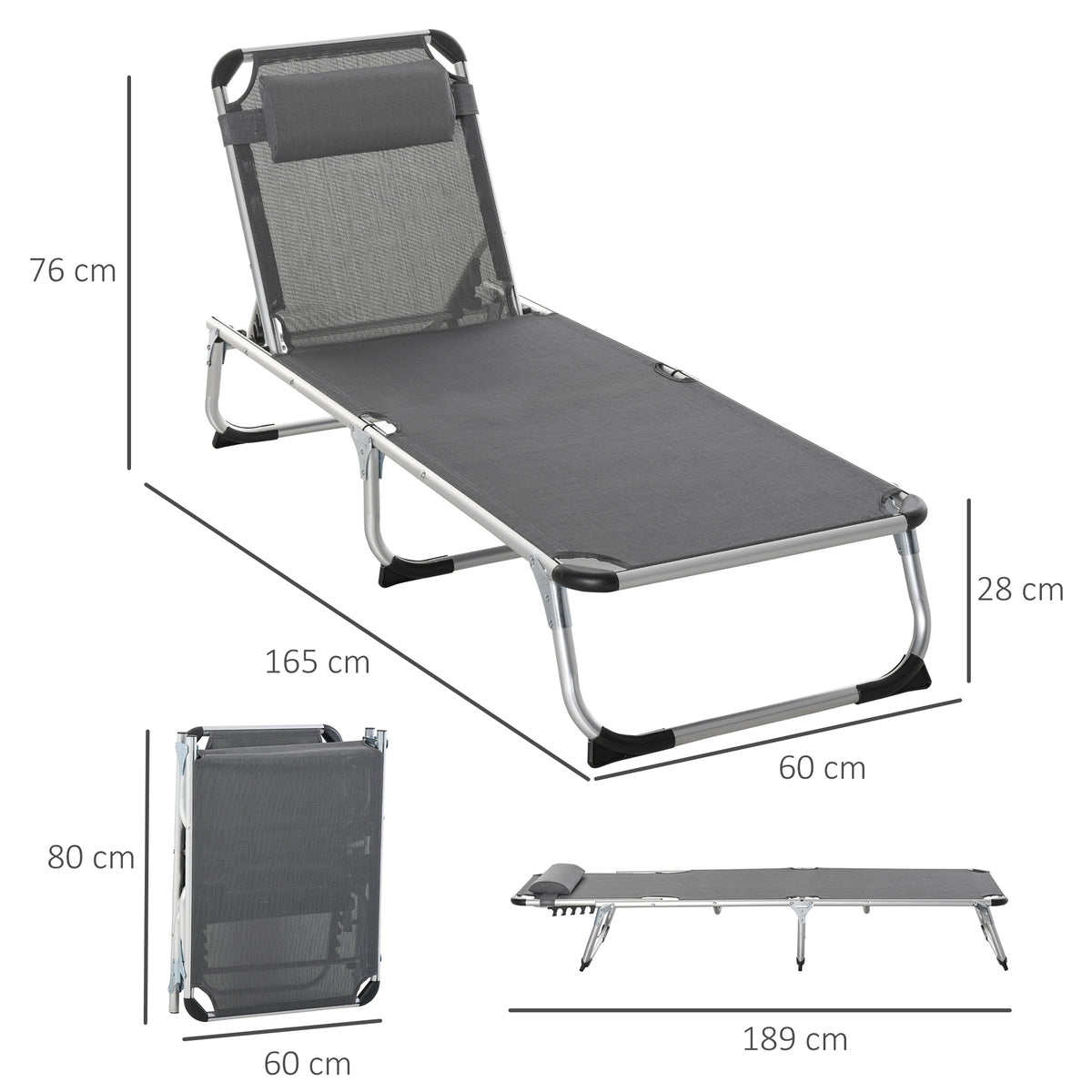 Sonnenliege faltbar Gartenliege mit Kopfkissen Liegestuhl mit der 4-stufig verstellbaren Rückenlehne Campingliege bis 120 kg belastbar für Outdoor-Park, Garten, Grau