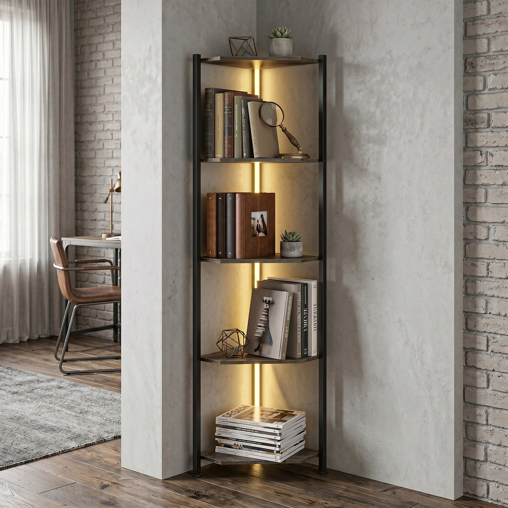Bücherregal 5-stöckiges Eckregal mit LED-Beleuchtung für Wohnzimmer, Schlafzimmer, Büro, Rustikal Braun