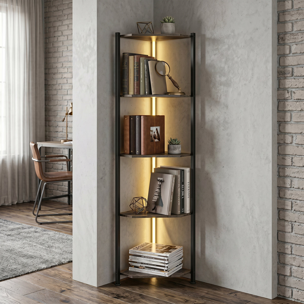 Bücherregal 5-stöckiges Eckregal mit LED-Beleuchtung für Wohnzimmer, Schlafzimmer, Büro, Rustikal Braun