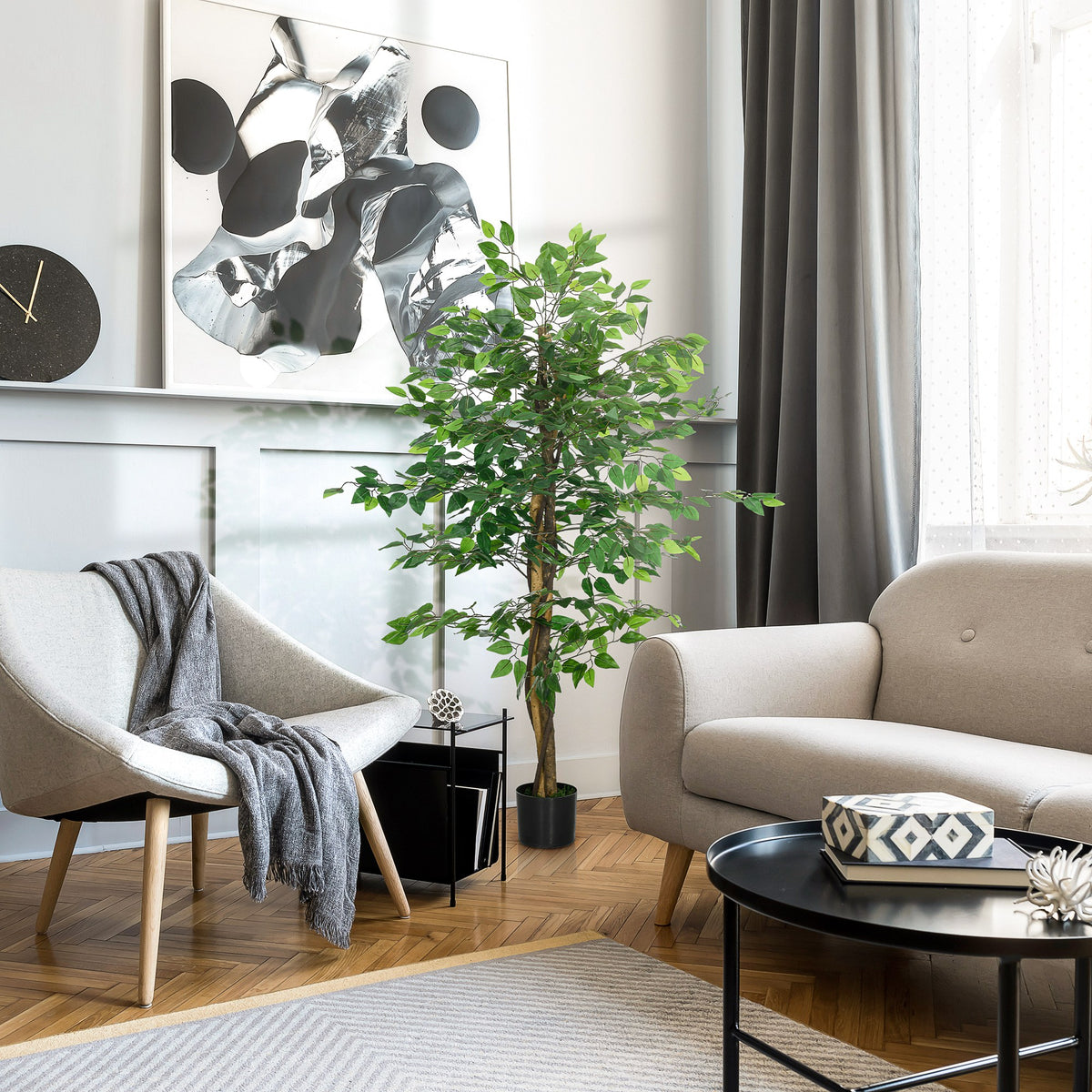 Artificial Ficus Tree, with Weighted Plant Pot - Green