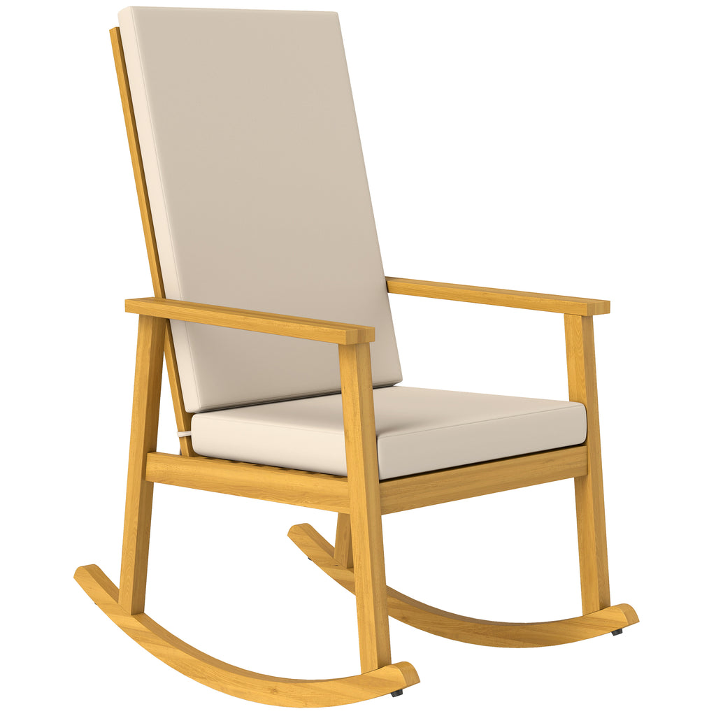 Schaukelstuhl aus Akazienholz Schaukelsessel mit hoher Rückenlehne Kissen bis 160 kg 60 x 89 x 107 cm Beige