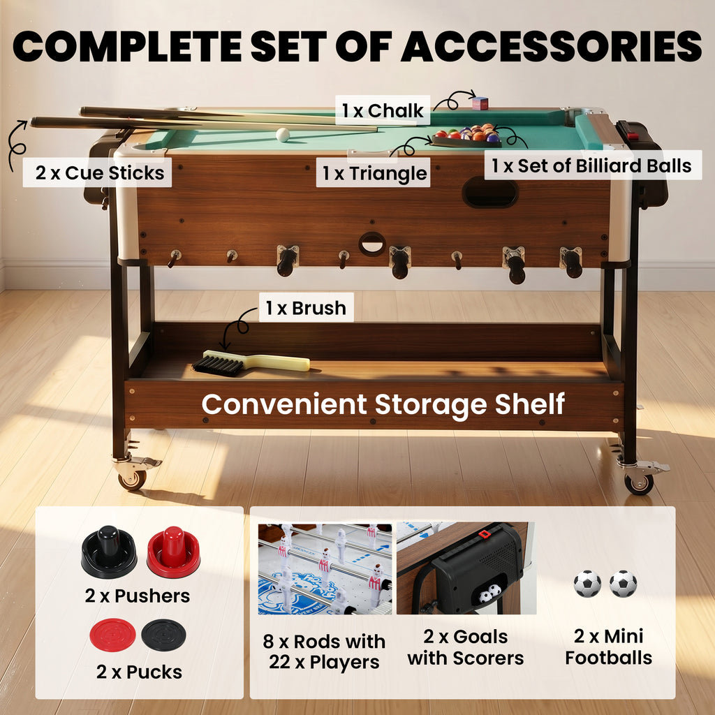 3-in-1 Multi Spieltisch drehbar Multifunktionstisch mit Billardtisch Tischfußball Airhockey Ablagefach