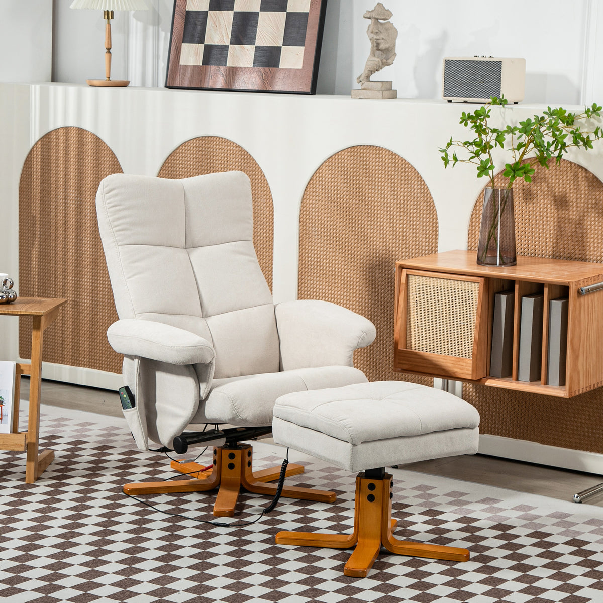 Massagesessel mit Liegefunktion und Fu?hocker, 145¡ã-Neigung, Polyester, 80 x 86 x 99 cm, Cremewei?