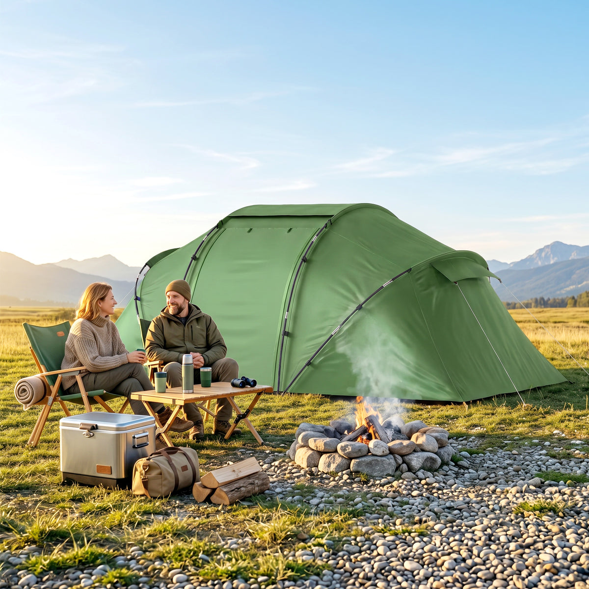 Tunnelzelt für 4 Personen, Campingzelt mit Tür, Bodenplane, 2000mm wasserdicht Grün