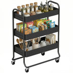 3-Tier Storage Trolley on Wheels, Rolling Utility Cart with Mesh Backets for Kitchen, Bathroom, Bedroom, Black