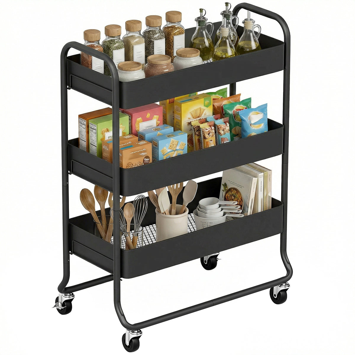 3-Tier Storage Trolley on Wheels, Rolling Utility Cart with Mesh Backets for Kitchen, Bathroom, Bedroom, Black
