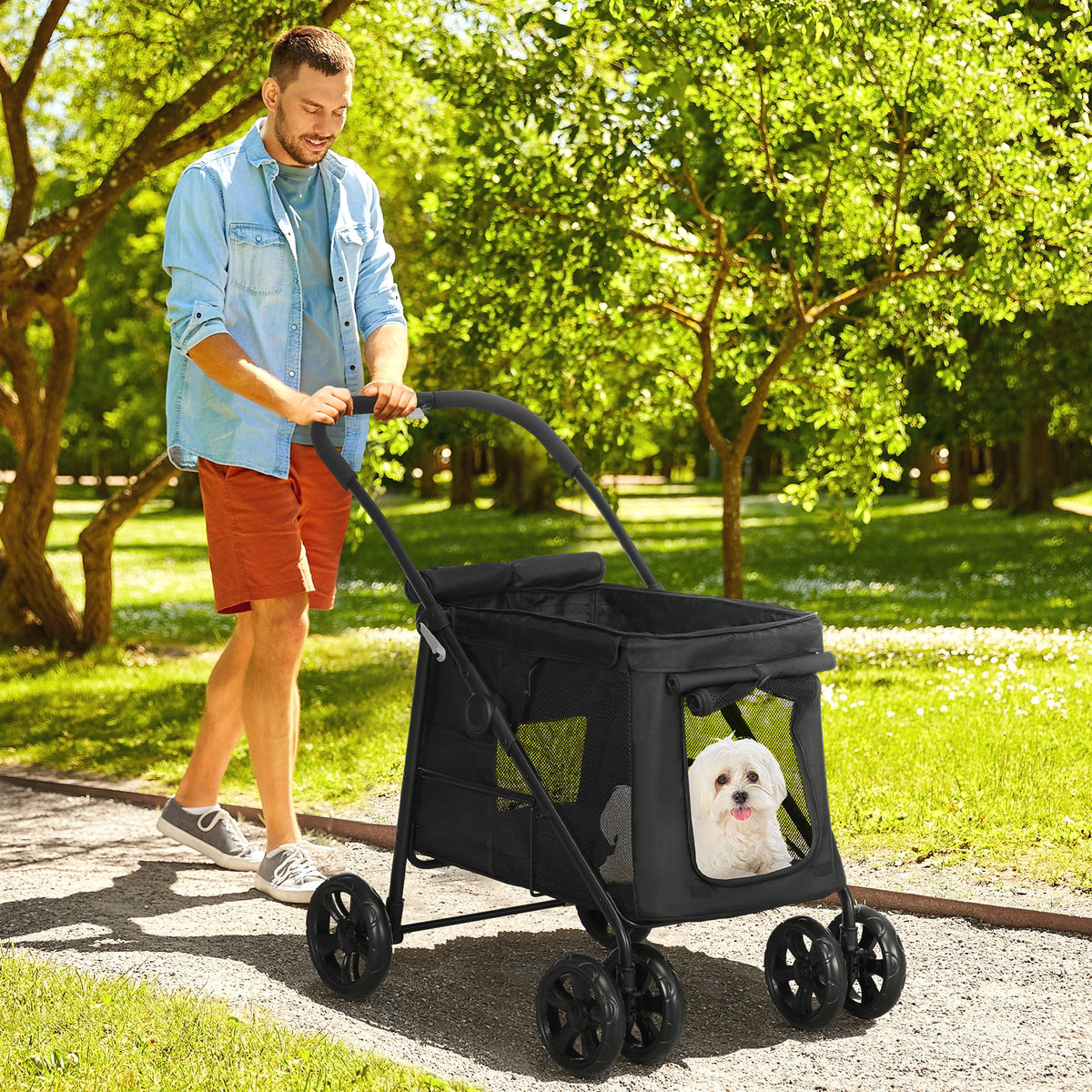 Hundetrolley inkl. Kissen, 3 Seitentaschen, klappbar, Hundewagen, 102 cm x 62 cm x 105 cm, Schwarz