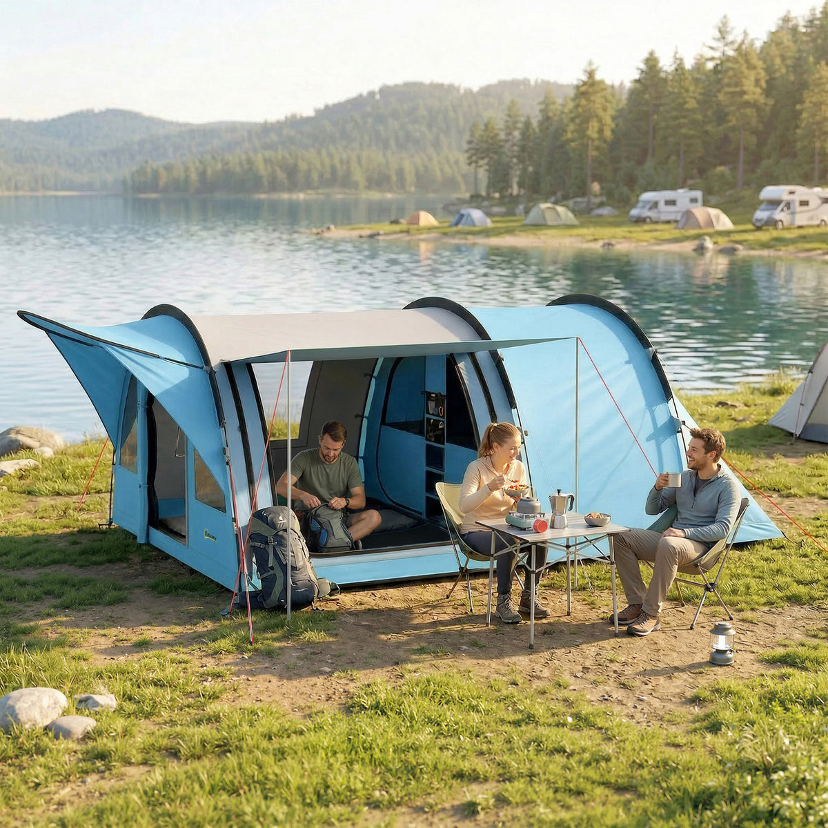 4 Person Easy Setup Family Camping Tent with 2 Rooms, Waterproof Tunnel Tent w/ Sewn In Groundsheet, Sky Blue & Grey
