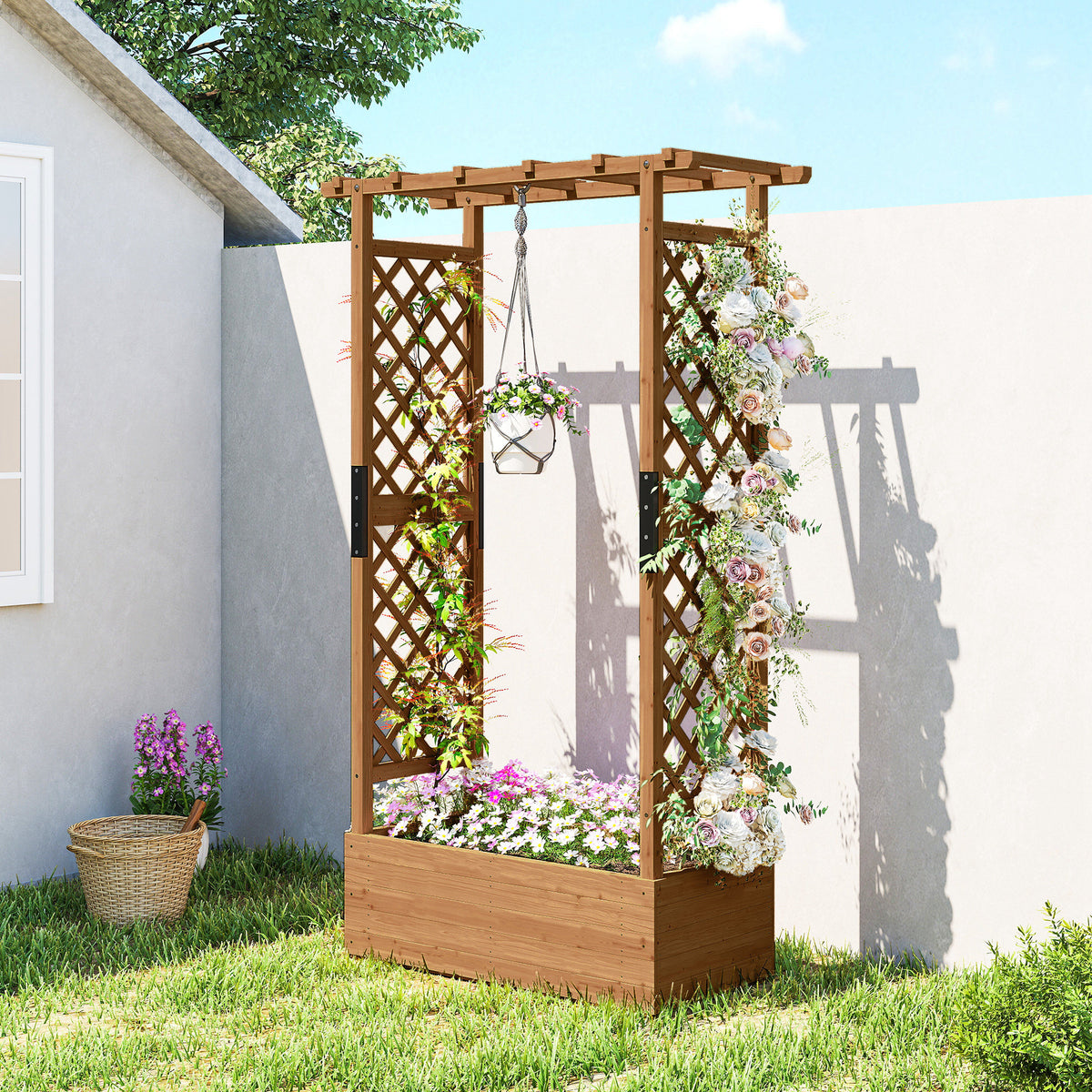 Hochbeet mit Rankengitter und Dach, für Blumen, Obst, Gemüse, Kräuter, 110 x 44 x 181 cm, Holz, Orange
