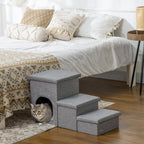 Hundetreppe 3 Stufen 40,5 cm Hoch Haustiertreppe mit Höhle Kissen Stauraum Katzentreppe für Kleine Hunde Hunderampe mit Waschbar Bezug Einstiegshilfe für Bett, Sofa, Couch und Auto Hellgrau