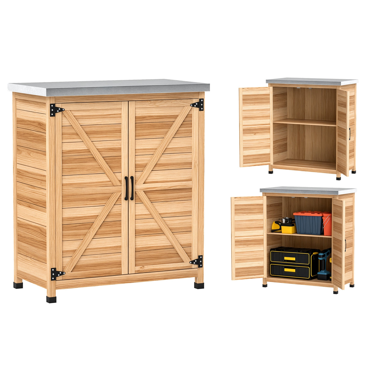 Gartenschrank mit Pflanztisch Holz Geräteschuppen mit verzinkter Arbeitsplatte 2 Regalböden Doppeltür, 79 x 43 x 92cm