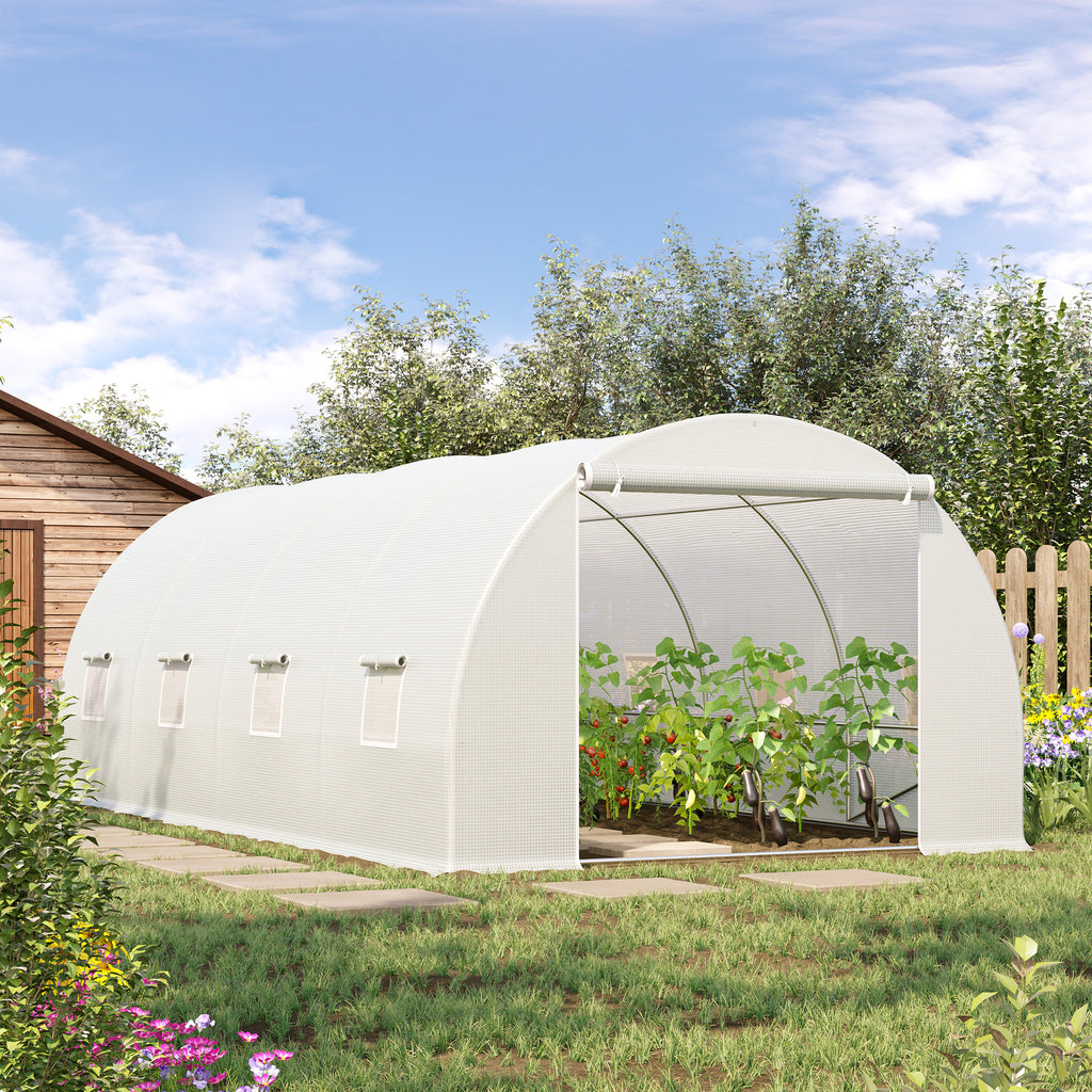  Gewächshaus 595x300x200cm Foliengewächshaus Tomatenhaus mit Tür, Fenster, Folientunnel aus verzinktem Stahl, Pflanztunnel, Treibhaus inkl. Erdanker Seilen, Gartentunnel, Weiß