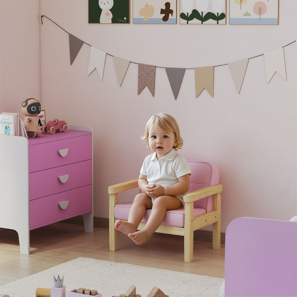 Kindersessel Kindersofa mit Kord-Optik, massiven Holzf¨¹?en Sessel aus Schaumstoff Kinderstuhl f¨¹r Kinderzimmer, Spielzimmer, 46,5 x 44 x 45 cm, f¨¹r Kinder 3-8 Jahre Rosa