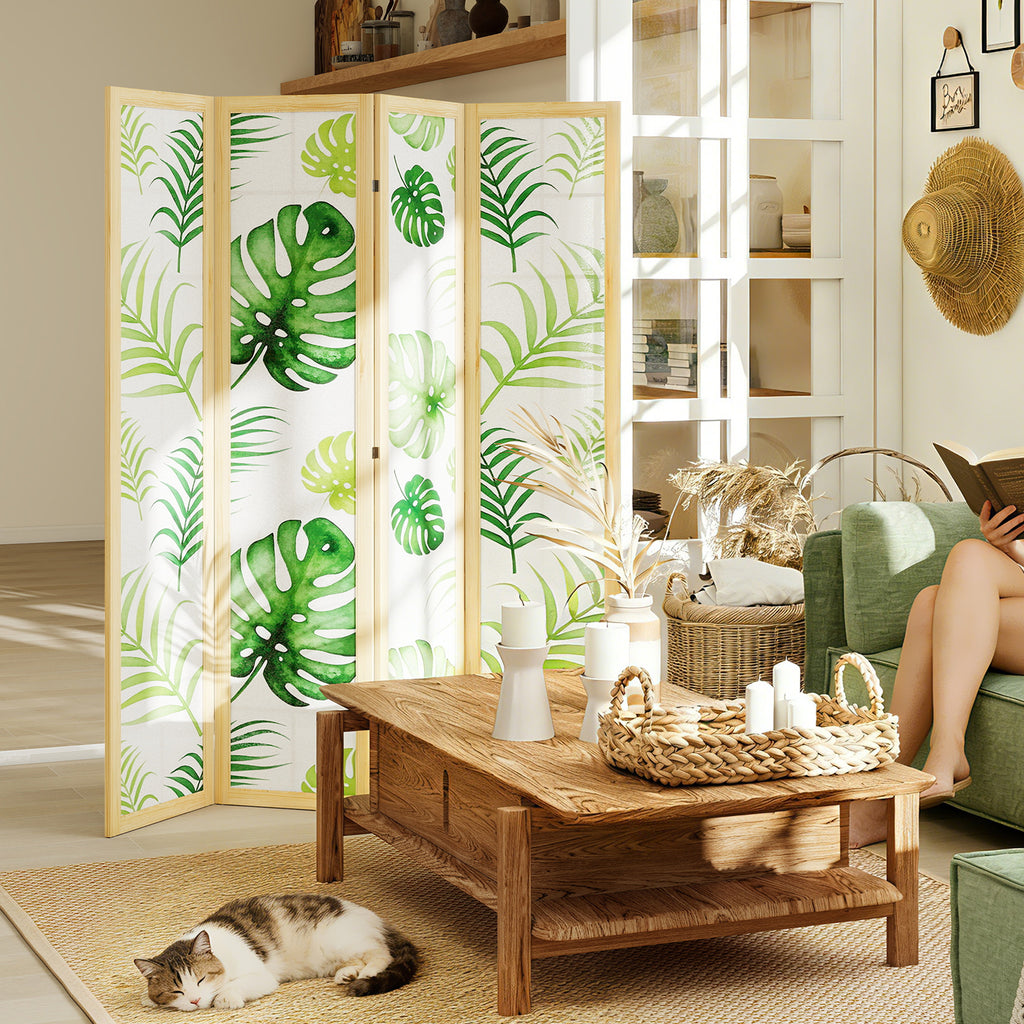 4-teiliger Raumtrenner, faltbar, Boho-Design, tropisches Motiv, freistehender Raumteiler, Holzrahmen, Gr¨¹n