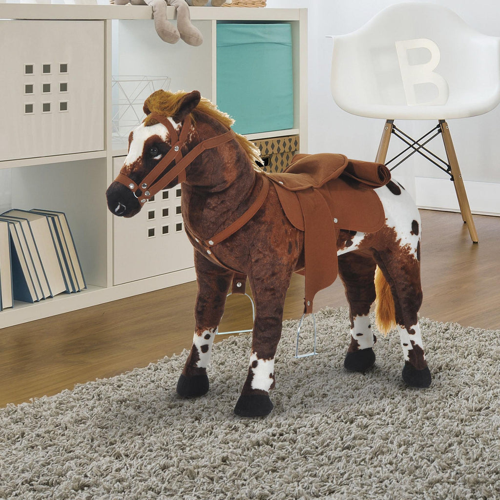 Reitpferd Spielpferd zum Reiten Stehpferd mit Sattel, Sound, Steigbügel Plüschpferd für Kinder ab 2 Jahren Braun