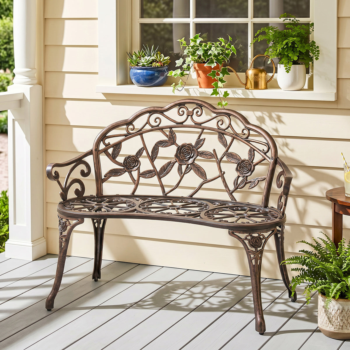 Gartenbank 2-Sitzer aus Metall, Sitzbank im Retro Stil, Parkbank mit Blumenmuster 100 x 54 x 78 cm, Bronze
