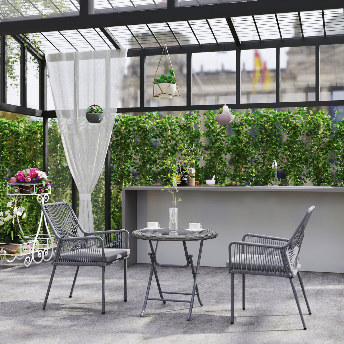 2er-Set Gartenstühle, Terrassenstühle, waschbare Kissen, Rückenlehne, Armlehnen, Stahl, Rattan, Dunkelgrau