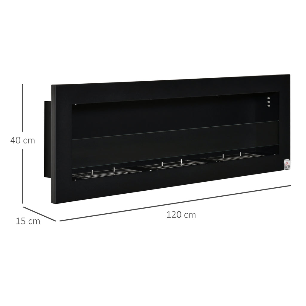 Ethanol-Kamin Bio-Ethanol-Brenner 3 Brennboxen 1L 3 Std. Brenndauer 2000W kein Rauch wandmontiert Stahl gehärtetes Glas Schwarz 120 x 15 x 40 cm
