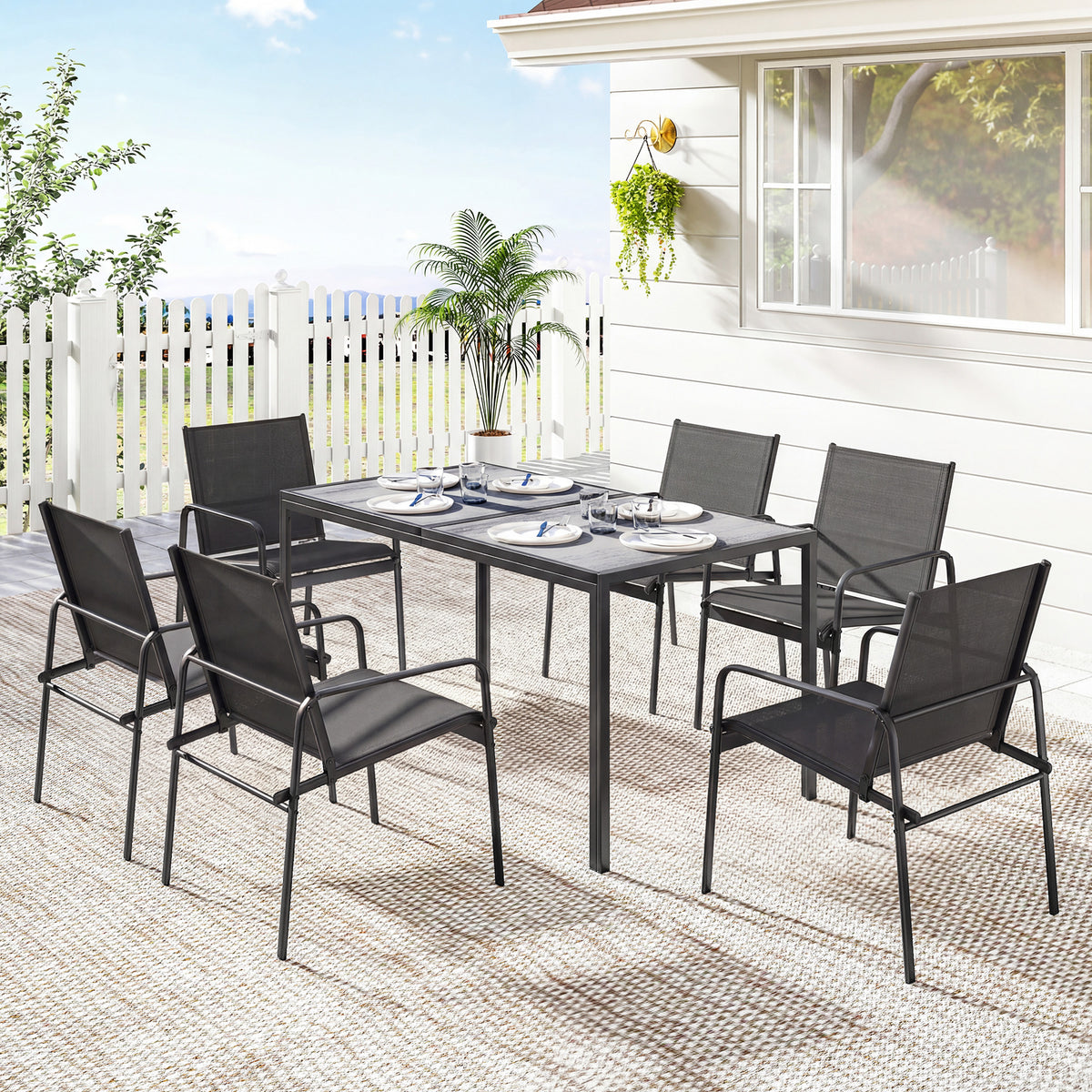 Gartenmöbel Set Sitzgruppe 150 x 80cm Tisch mit 6 Atmungsaktiven Stühlen Holzoptik Stahlrahmen Schwarz