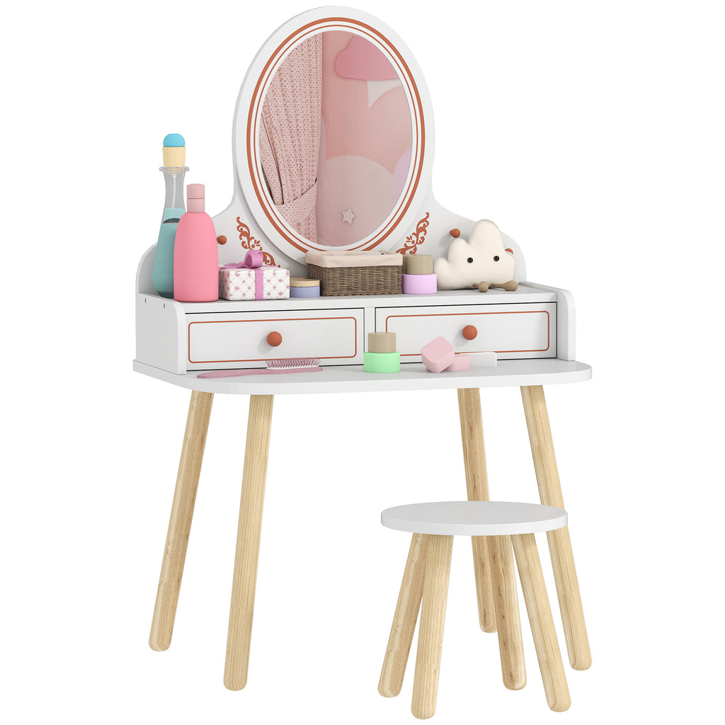Kinder Schminktisch Set Frisiertisch mit Hocker Spiegel Schubladen Kleiderstangen für 3-8 Jahre 56 x 38 x 87,8 cm Weiß
