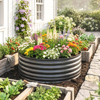 Galvanised Raised Garden Bed with Safety Edging, Outdoor Raised Planter Box with Gloves, 120 x 120 x 43cm, Dark Grey
