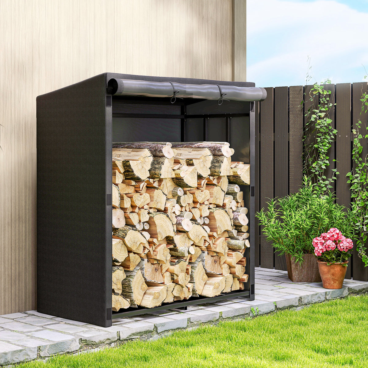 Feuerholzregal, Brennholzständer aus Stahl, Stoffabdeckung, 300 kg Belastbarkeit, 140 x 70 x 154 cm, Schwarz