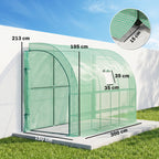 Walk-In Lean to Greenhouse with Windows and Zippered Doors, 2 Tiers 6 Wired Shelves 300L x 150W x 213Hcm Green