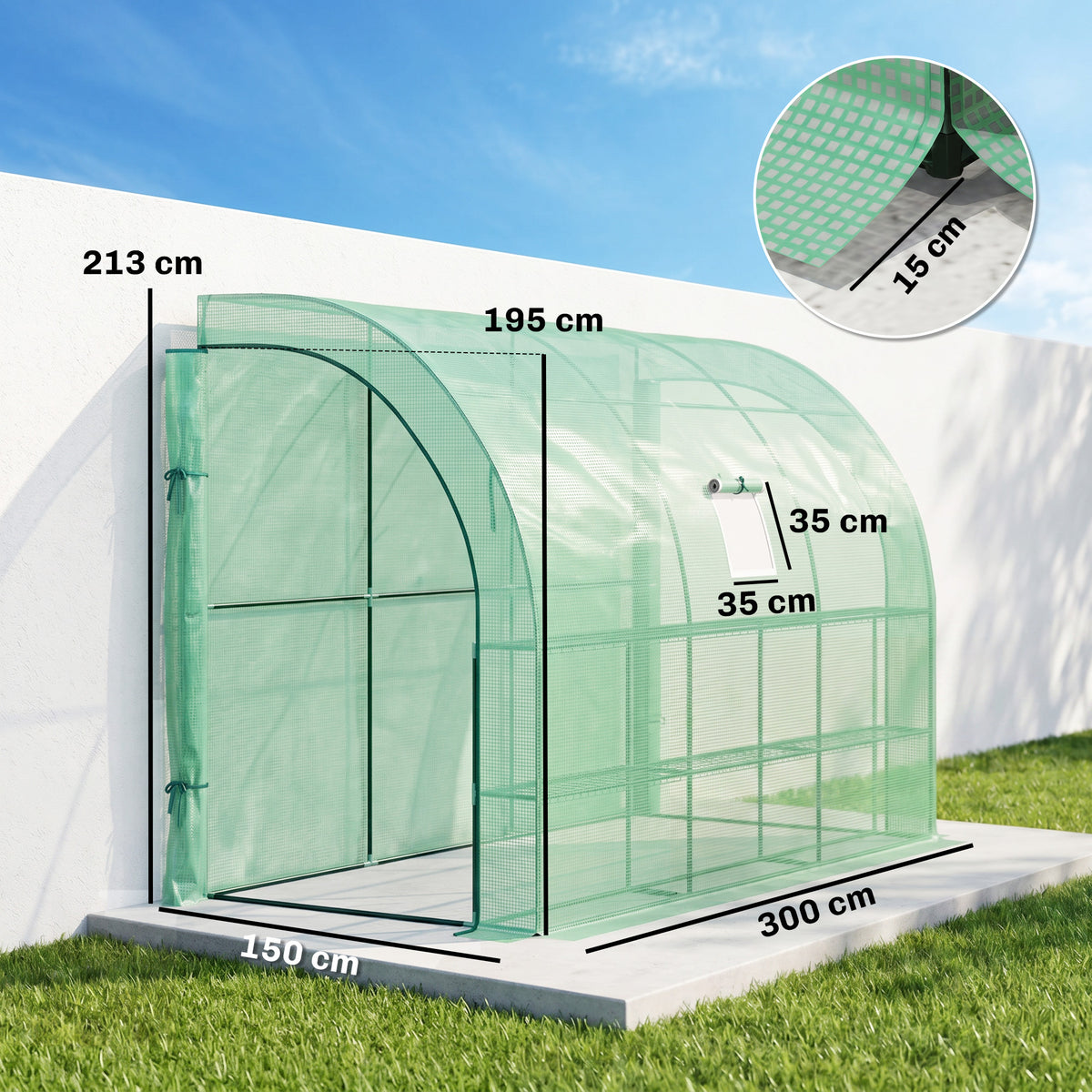 Walk-In Lean to Greenhouse with Windows and Zippered Doors, 2 Tiers 6 Wired Shelves 300L x 150W x 213Hcm Green
