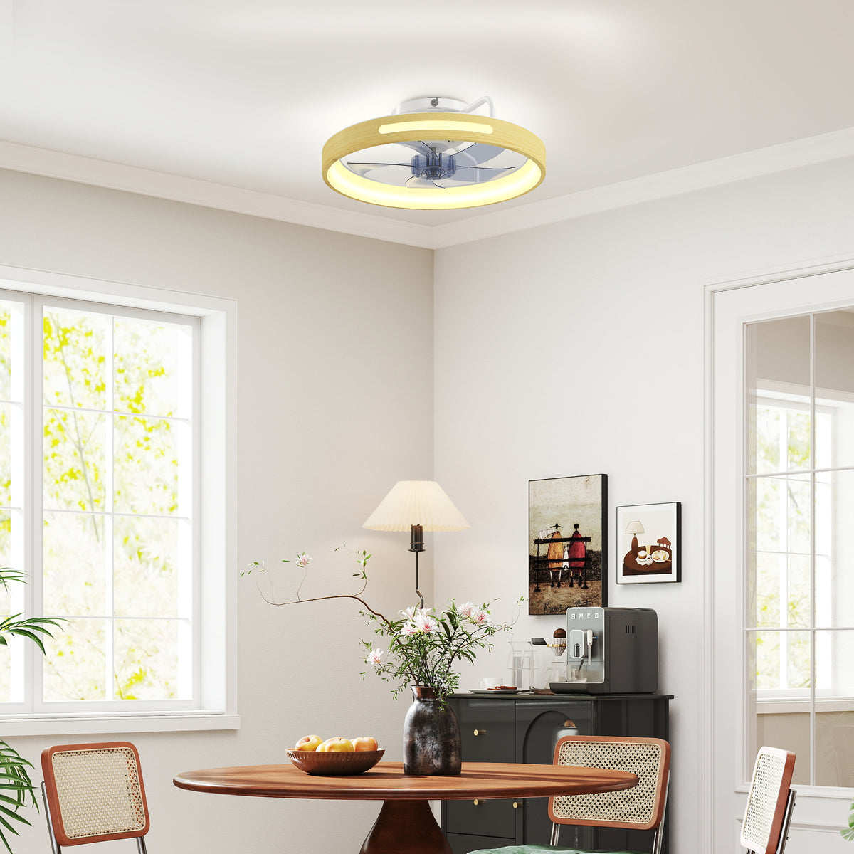 Deckenventilator mit Licht und Fernbedienung, 49 cm LED-Deckenventilator mit 3 Farbtemperaturen, natürliches Holzfinish