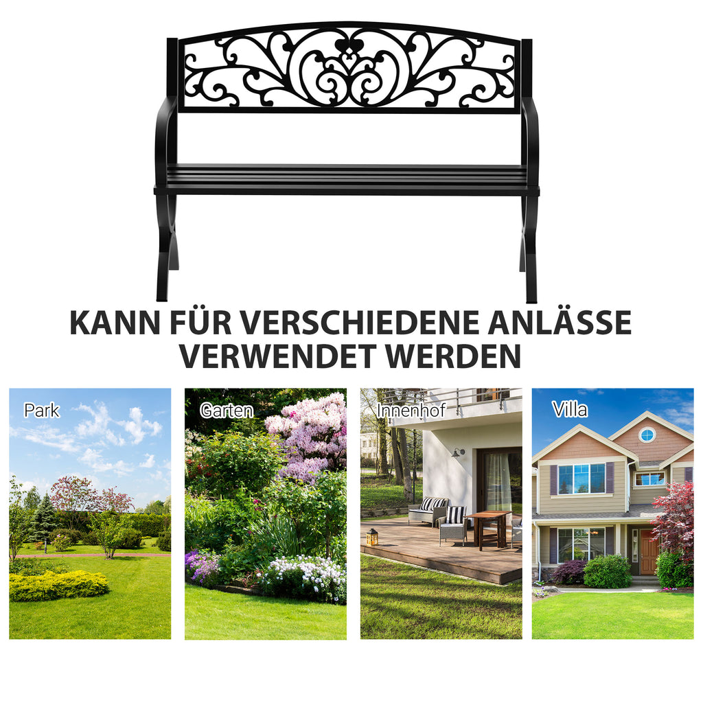 127L x 60W x 85H cm Powder Coated Garden Bench for Patio Backyard, Steel-Black