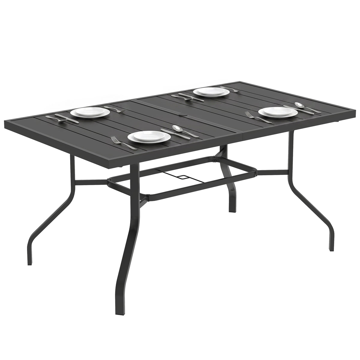 Gartentisch 152x90 cm, Wetterfest Balkontisch aus Stahl, Beistelltisch mit Schirmloch, Latten-Design Schwarz