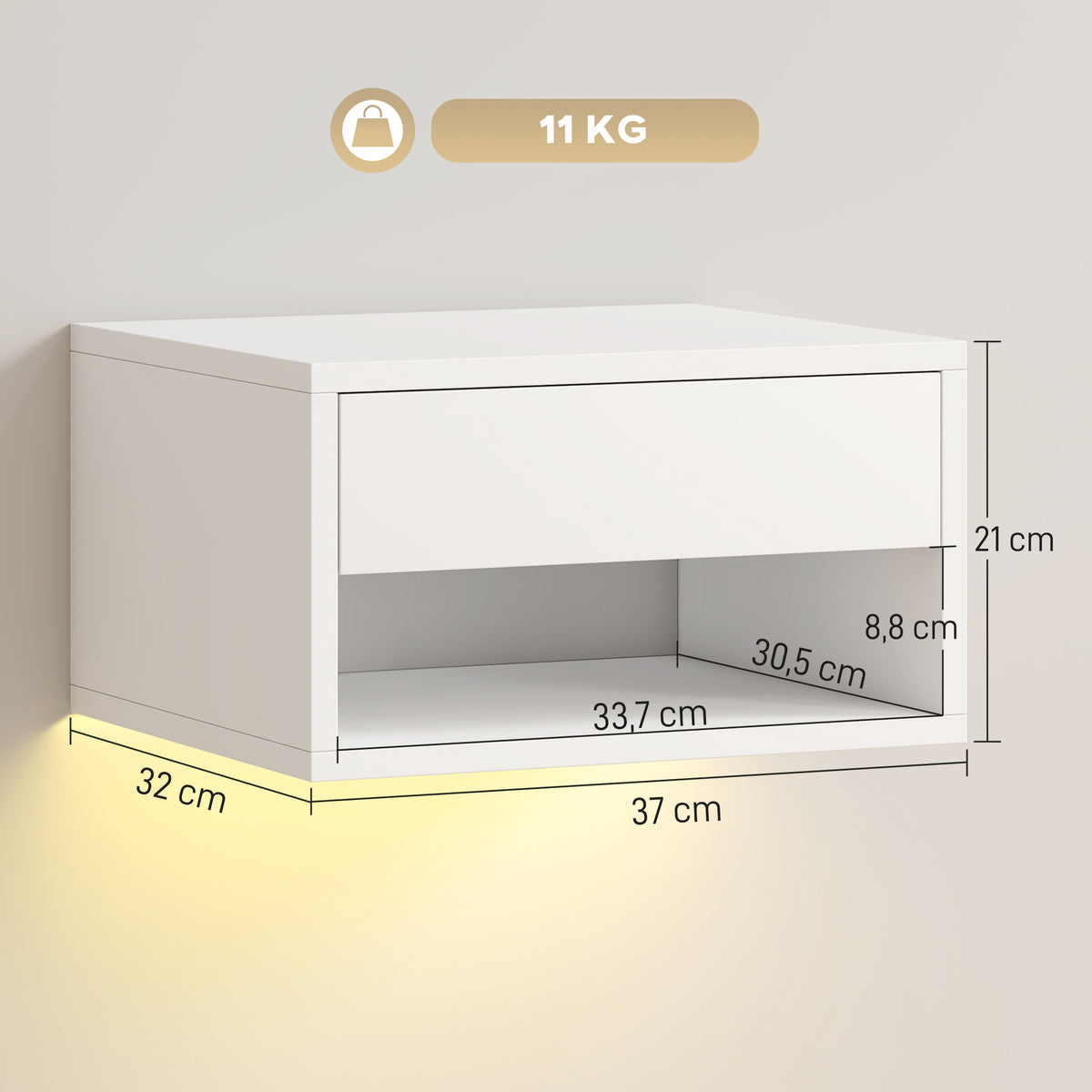 Nachttisch 2er-Set mit RGB-LED-Beleuchtung, schwebender Nachtschrank mit Schublade und offenem Fach, Weiß