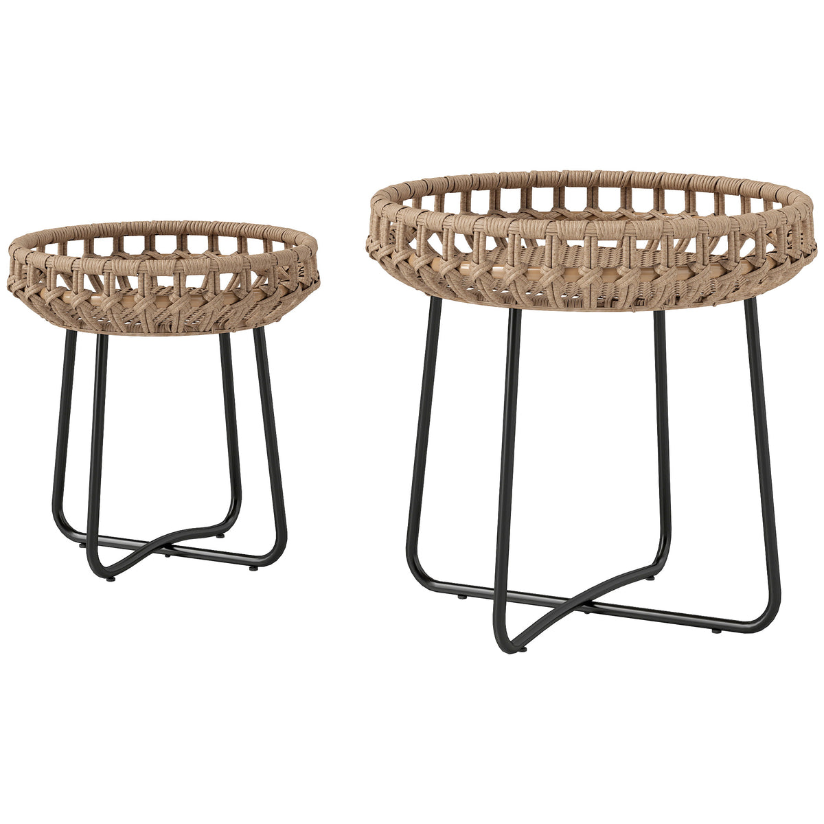 2er Set Beistelltisch Polyrattan ?60/41 cm rund wetterfest Gartentisch mit X-Beine Verstellbare Fu?pads Braun