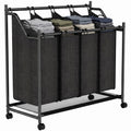 Wäschesammler mit Griff, 108 L rollbarer Wäschekorb mit 4 Fächern und Rollen, Schwarz