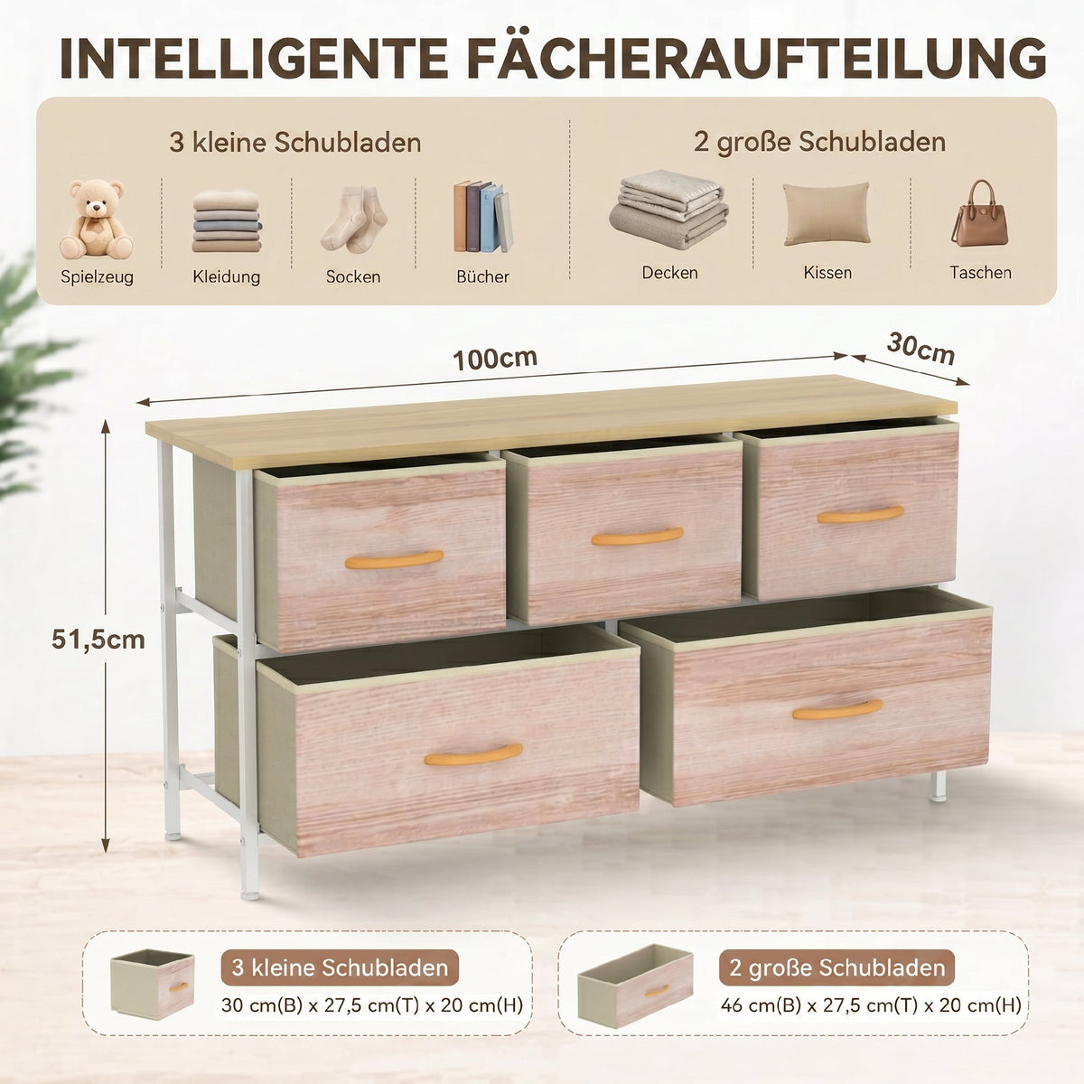 Kommode mit 5 Schubladen, Stoffkommode mit Metallrahmen und Holzoberfläche, Naturholz und Weiß