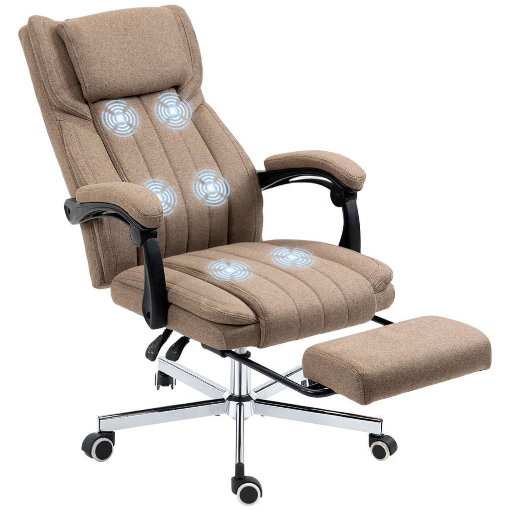 B¨¹rostuhl mit Massagefunktion, neigbare R¨¹cklehne, ausziehbare Fu?st¨¹tze, Leinenoptik, 65 x 61 x 118 cm, Braun