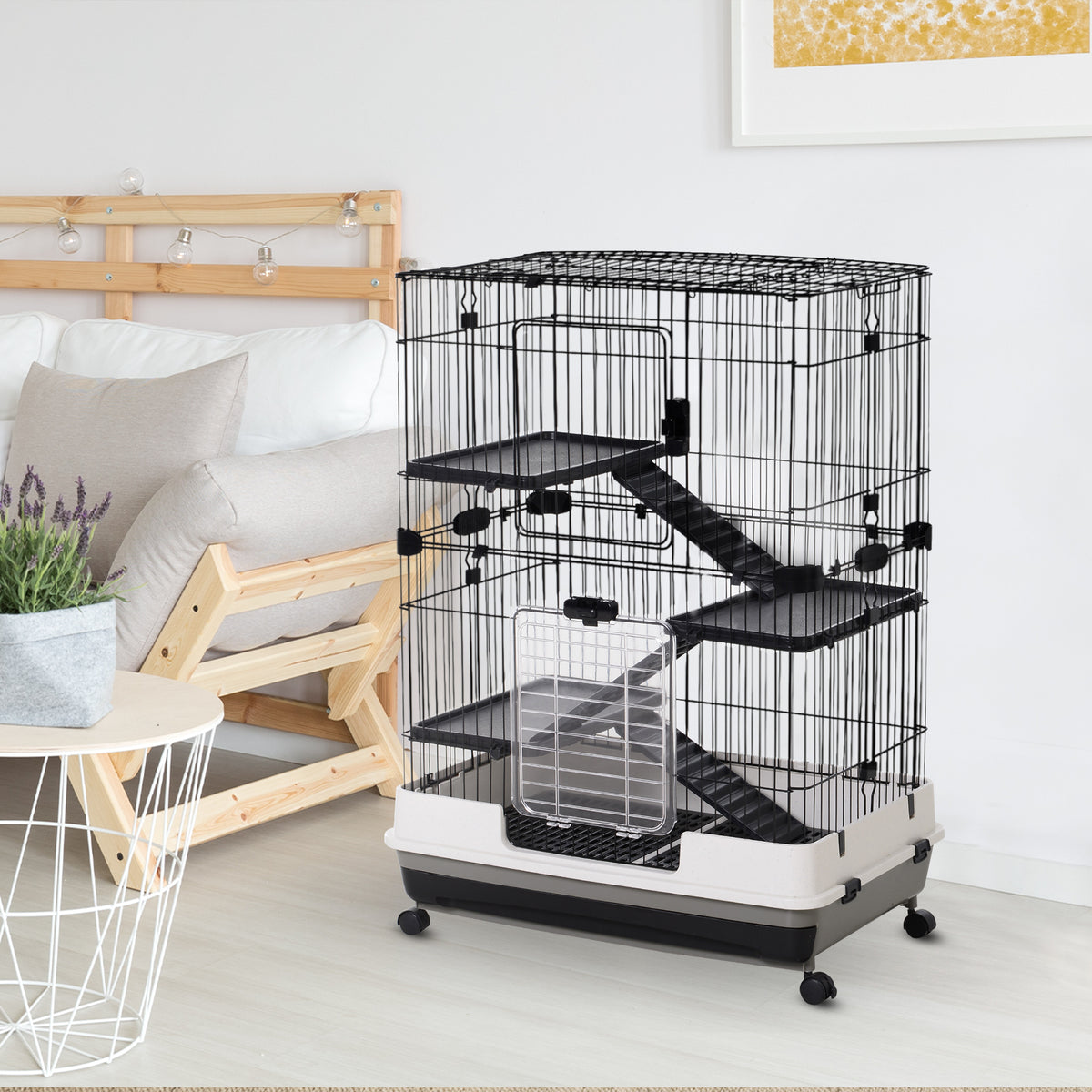 Four-Tier Small Animal Cage, for Bunnies, Ferrets, Chinchillas w/ Wheels, Tray - Black