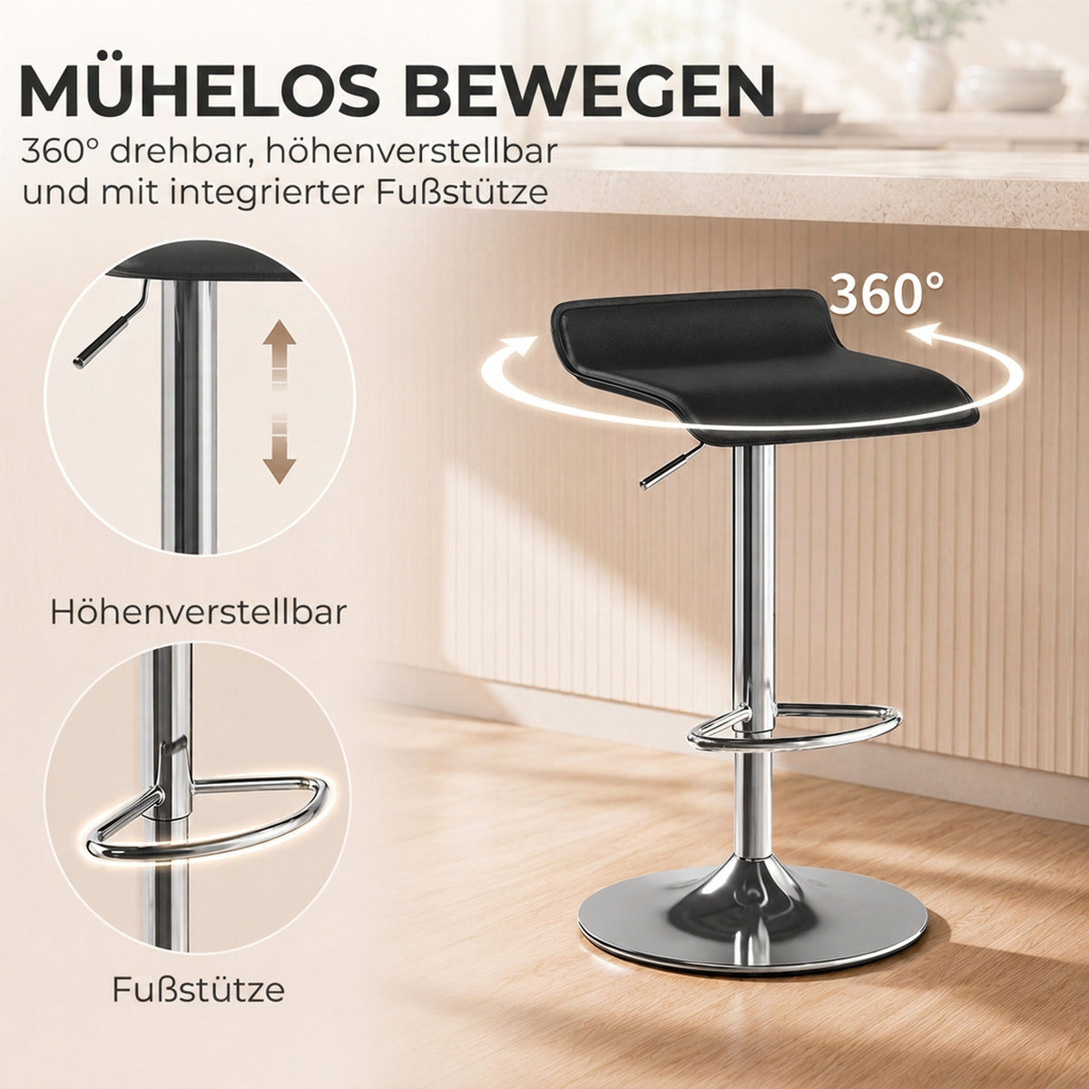 Barhocker 360° Drehbar Barstuhl mit Silber-Stahlgestell, Höhenverstellbar Küchenstuhl mit Fußstütze, Schwarz