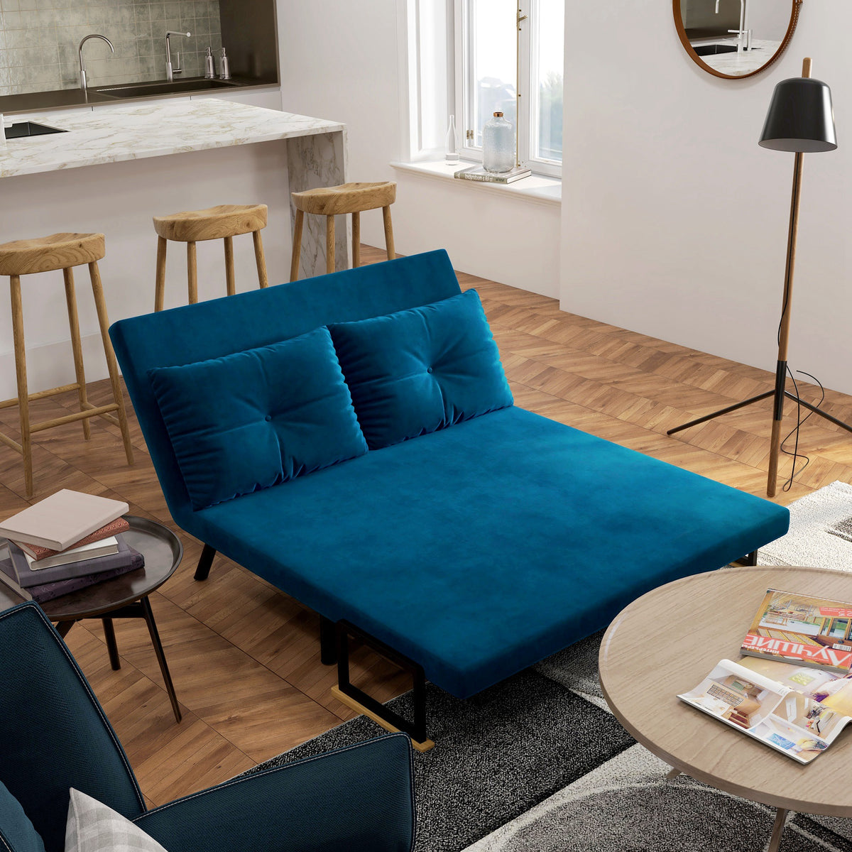 Schlafsofa 2er-Sofa Samtsofa, Schlaffunktion, inkl. 2 Kissen, Samtoptik, Natur + Blau